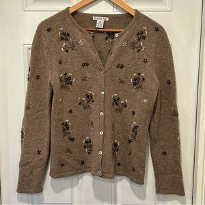 Eagle’s Eye Cardigan, Embroidery and Beading, Vintage 90s, 100% Wool, Medium